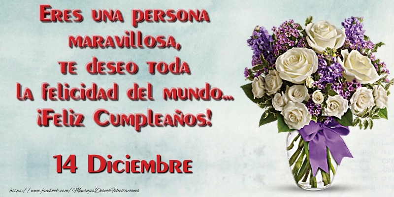 Felicitaciones para 14 Diciembre - Eres una persona maravillosa, te deseo toda la felicidad del mundo... ¡Feliz Cumpleaños!  Diciembre 14