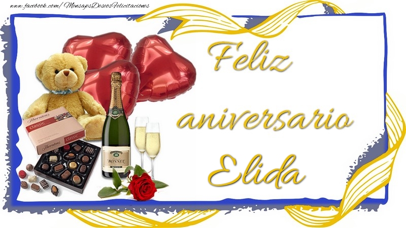 Felicitaciones de aniversario - Champán & Corazón & Osos & Regalo | Feliz aniversario Elida