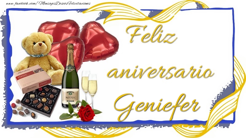 Felicitaciones de aniversario - Champán & Corazón & Osos & Regalo | Feliz aniversario Geniefer