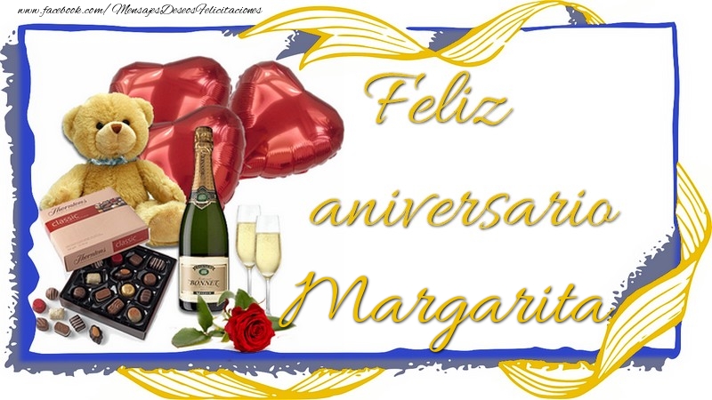 Felicitaciones de aniversario - Champán & Corazón & Osos & Regalo | Feliz aniversario Margarita